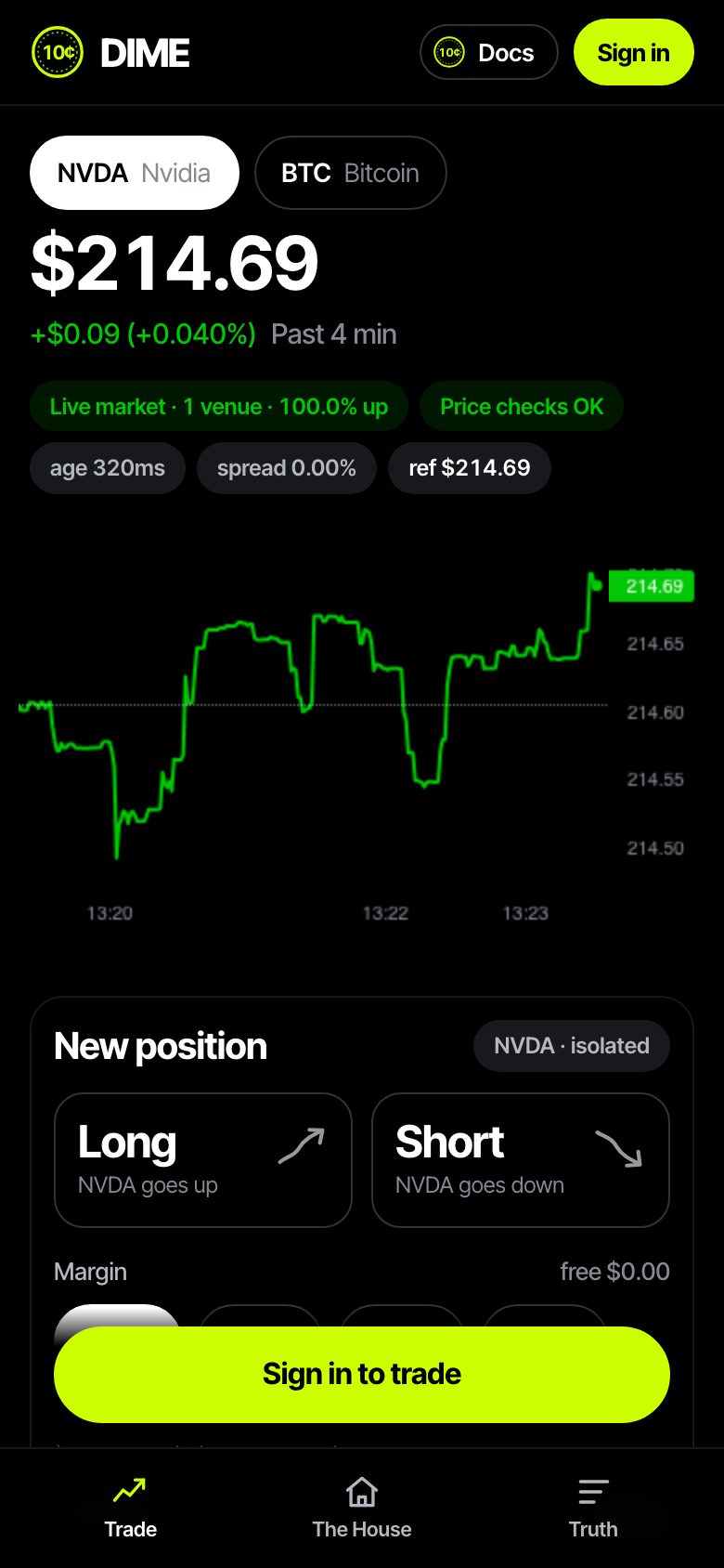 The Trade page with the live NVDA price and chart