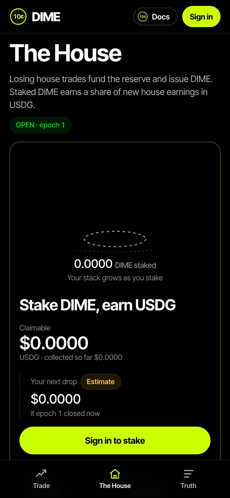 The House page: reserve, results and staked DIME